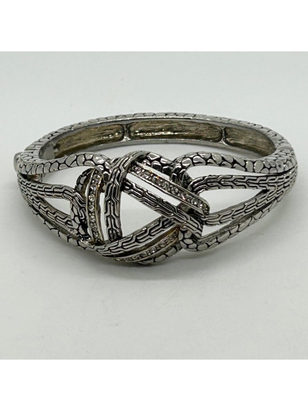 Silver Tone Hinged Bangle Bracelet Twist Pave Rhinestone Detailing Statement